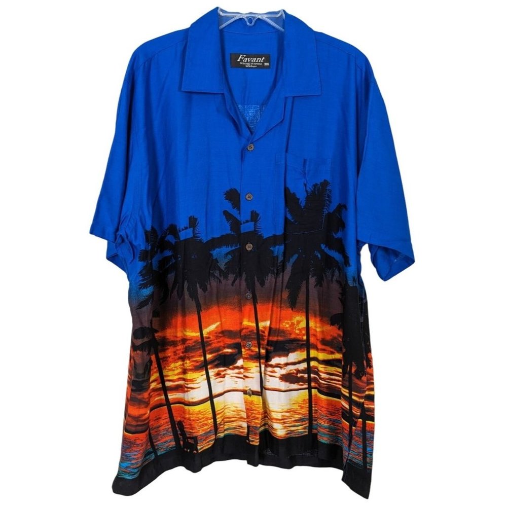 Favant Hawaiian short sleeve blue with sunset palm trees beach sunset‎ shirt XXL